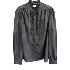 Pykettes Vintage Ruffle Front Blouse Long Sleeve Career Top‎ Black Size 14